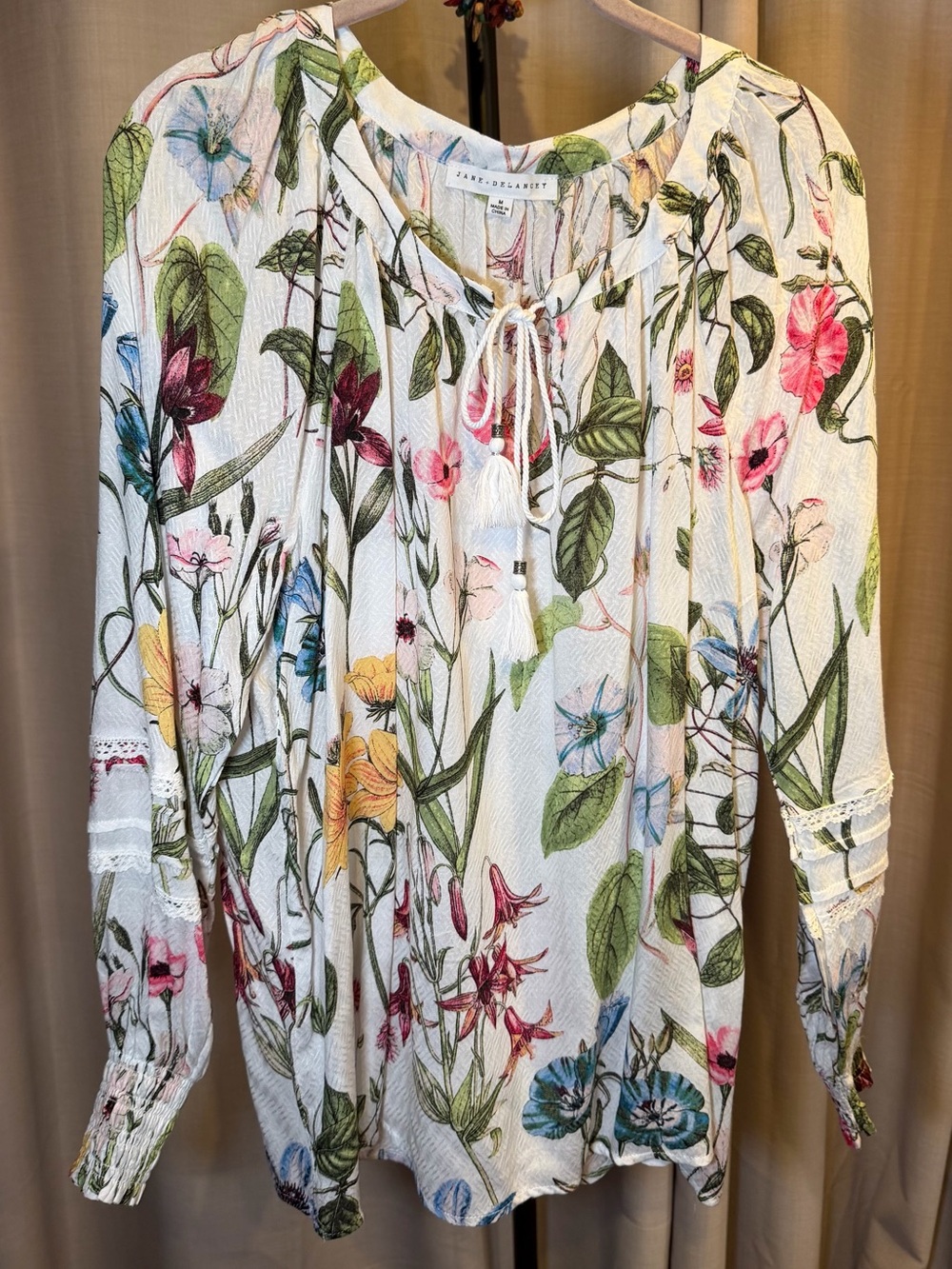 Zara White Multi Floral Tie-Neck Peasant Tunic